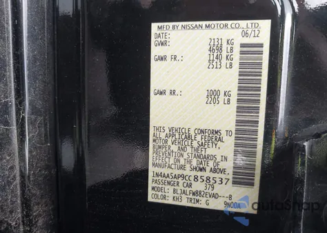 2012 Nissan Maxima 3.5 Sv z USA, uszkodzony, nr VIN 1N4AA5AP9CC858537